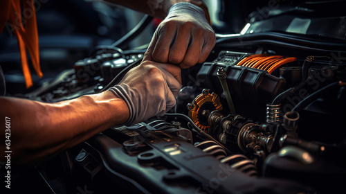 Selective focus captures the gloved hands of a skilled technician, as they open a used Lithium-ion car battery for repair, with an EV car visible in the background. © maniacvector