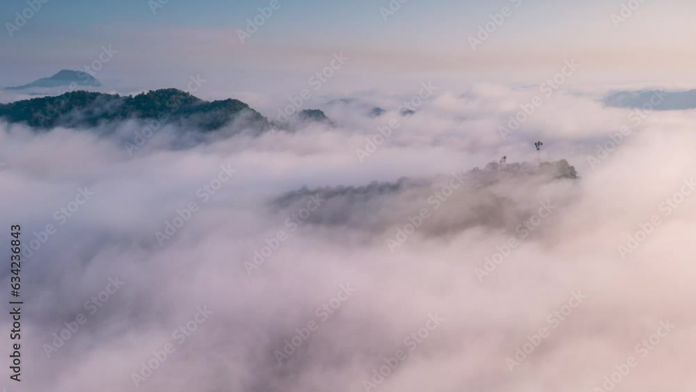 4K hyperlapse video: aerial view morning scenery Mist flowing over the high mountains The movement of fog or cloud, Pang Puai, Mae Moh, Lampang, Thailand 4K hyperlapse video: aerial view morning scenery Mist flowing over the high mountains The movement of fog or cloud, Pang Puai, Mae Moh, Lampang, Thailand