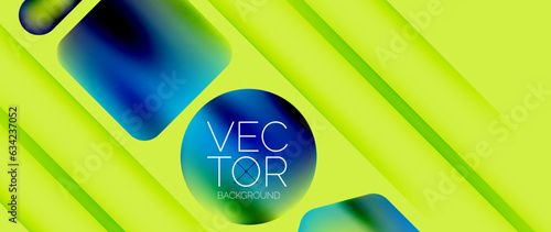 Dynamic bright colorful geometric elements with fluid gradients, lights, shadows blend in a minimal backdrop, creating captivating composition