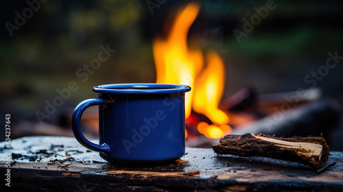 A blue enamel cup of hot, steaming coffee sits on an old log by an outdoor campfire. The extreme shallow depth of field has selective focus on the mug.