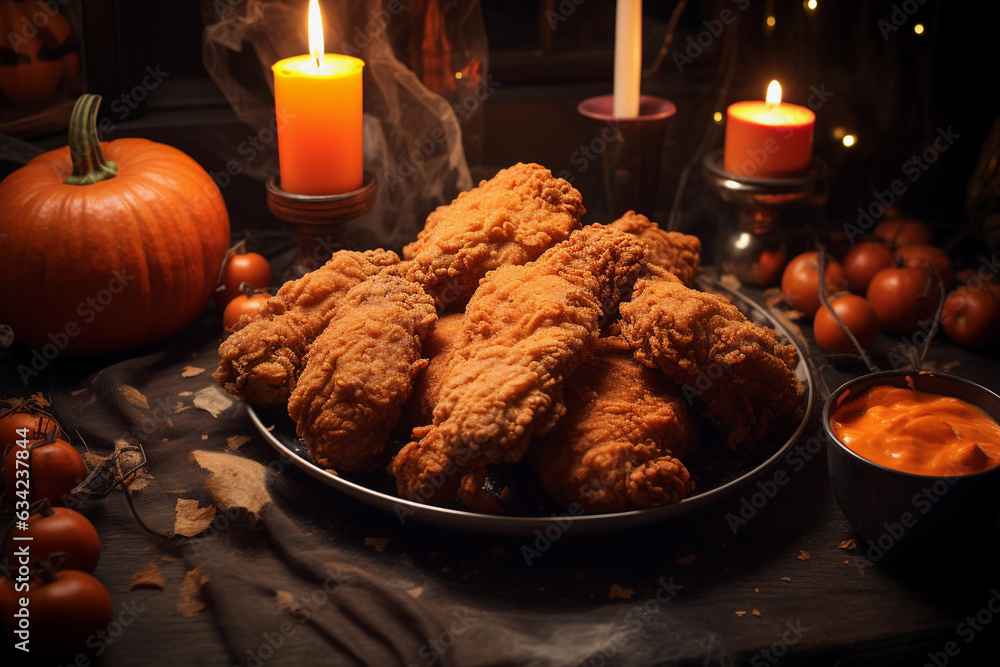 Crispy fried chicken decorated with pumpkin with a Halloween theme, Generative AI	 - obrazy, fototapety, plakaty 