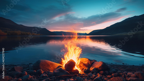 A campfire set against the calming beauty of a lake valley. © maniacvector