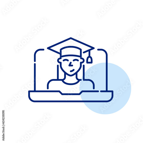 Online university student receiving a degree. Successful remote education. Young woman wearing mortar. Pixel perfect, editable stroke icon