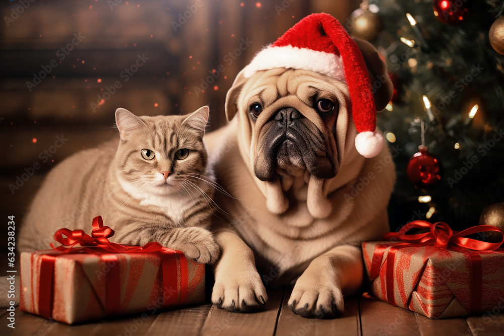 Cute dog and cat together near christmas tree and gifts.