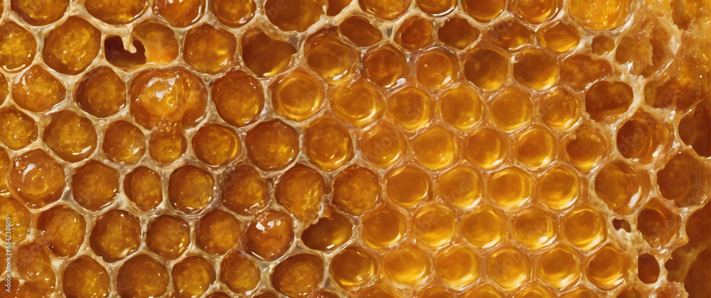 Golden honey slowly dripping down a honeycomb. generative AI