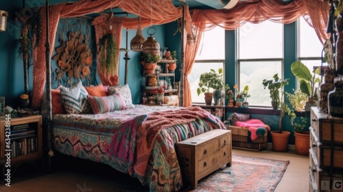 Bedroom decor, home interior design . Bohemian Eclectic style with Gallery Wall decorated with Rattan and Textiles material . Generative AI AIG26. photo