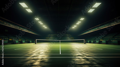 A view of a tennis court with light from the spotlights against a dark background. © maniacvector
