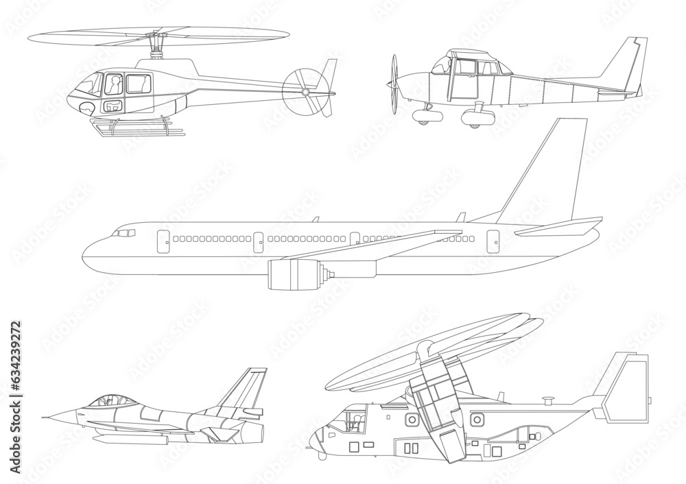 さまざまな種類の飛行する飛行機の線画