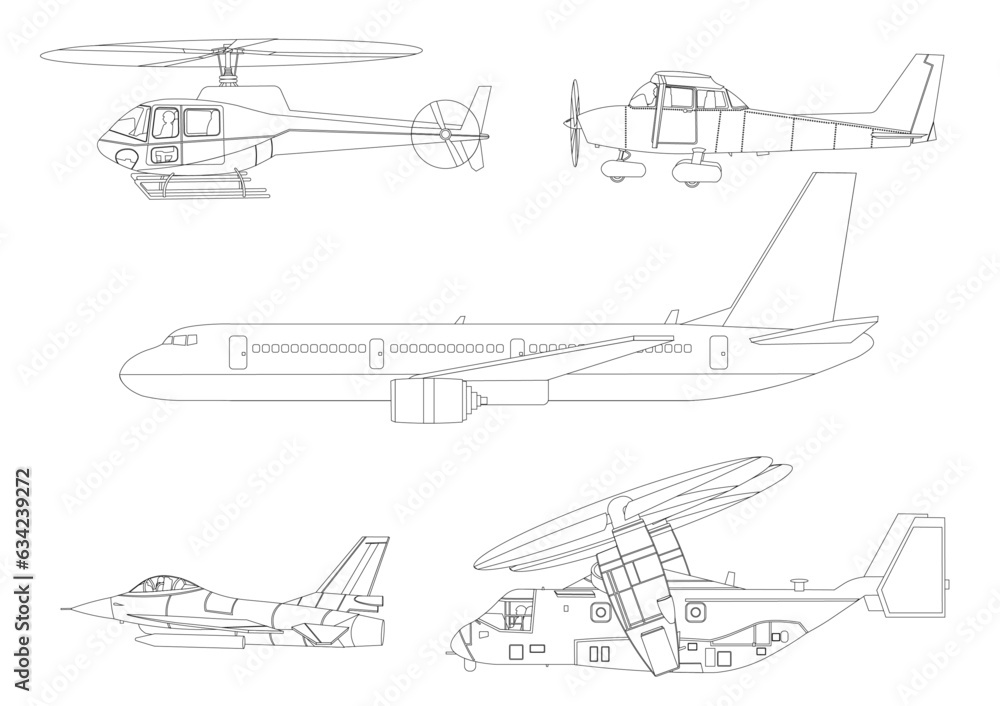 Obraz premium さまざまな種類の飛行する飛行機の線画