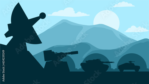 Military landscape vector illustration. Military base with turret and tank. Military silhouette landscape for background, wallpaper, display or landing page. Silhouette of armored vehicle on mountain