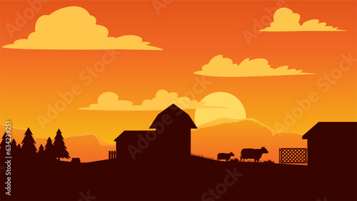 Countryside landscape vector illustration. Farm landscape silhouette with sunset sky. Rural agriculture silhouette landscape for background, wallpaper, display or landing page