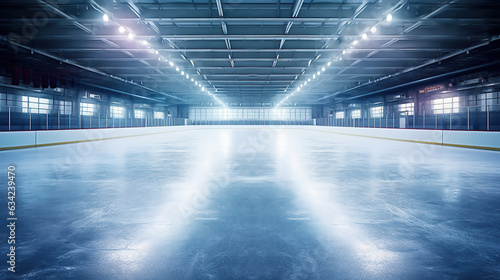 A beautiful winter backdrop with an empty ice rink illuminated by lights.