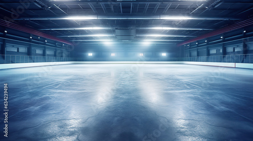 A beautiful winter backdrop with an empty ice rink illuminated by lights. © maniacvector