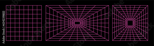 Fototapeta Naklejka Na Ścianę i Meble -  Geometry wireframe grid backgrounds set in neon pink color. 3D abstract posters, patterns, cyberpunk elements in trendy psychedelic rave style. Y2k retro futuristic aesthetic design. 