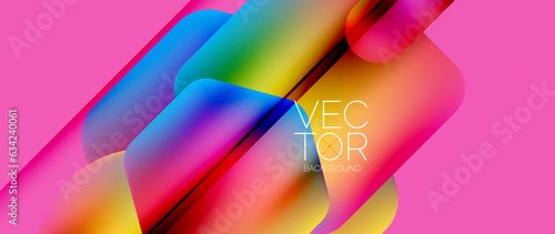 Dynamic bright colorful geometric elements with fluid gradients, lights, shadows blend in a minimal backdrop, creating captivating composition
