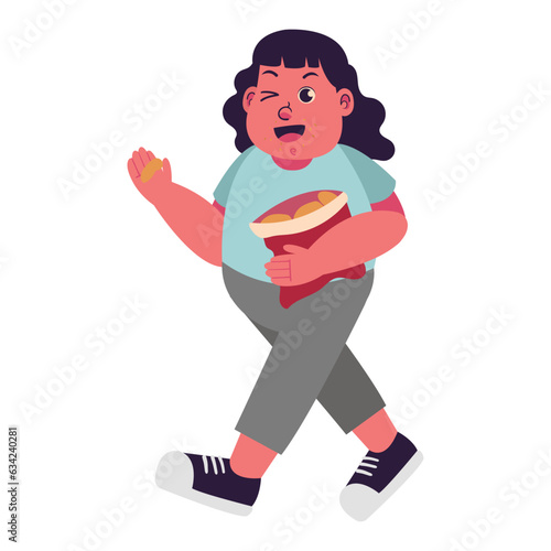 Female Fat People overweight plus size obesity Walking and Snacking Illustration