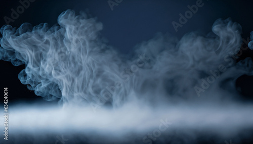 Abstract gray smoke floats up the soft dark blue background, an empty dark scene, the interior texture for display products