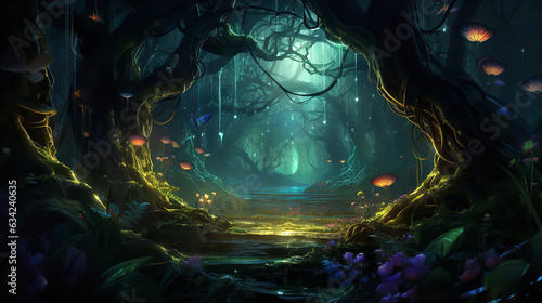An enchanting forest glade at twilight, a mystical portal opening amidst ancient trees, soft bioluminescent plants illuminating the scene, a sense of wonder and anticipation in the air, Illustration, 