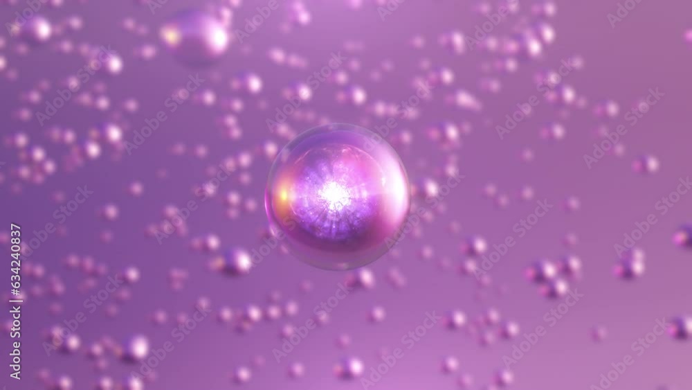 3D animation Cosmetics many atoms floating in the water. Particles inside a liquid bubble, cosmetic essence, and a liquid bubble on a background of water. 3D animation Cosmetics many atoms floating in the water. Particles inside a liquid bubble, cosmetic essence, and a liquid bubble on a background of water.