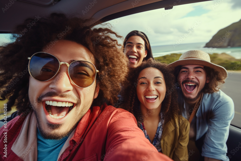 a multicultural group of friends setting out on a vibrant and adventurous road trip. happy, joyful smiling faces. a multicultural group of friends setting out on a vibrant and adventurous road trip. happy, joyful smiling faces.