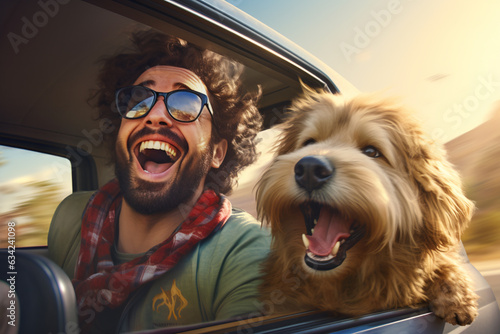 a person with a dog in the car. a solo traveler traveling with his dog companion. hit the road concept.  © Dinusha