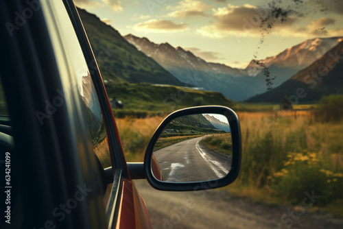 a zoomed or close-up image of a car front mirror with a beautiful view of beautiful Landscapes. hit the road concept