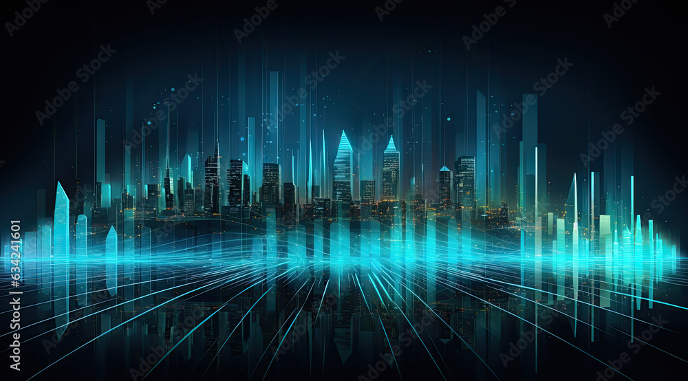 Soundwave waveform green and blue light showing data visualization of frequencies such as sound, electricity, brainwaves, mobile data, landscape cityscapes. For technology industry. Soundwave waveform green and blue light showing data visualization of frequencies such as sound, electricity, brainwaves, mobile data, landscape cityscapes. For technology industry.