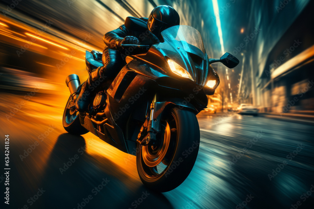 Motorcycle's powerful engine and the rider's intense focus, embodying the adrenaline of high-speed riding. Generative Ai