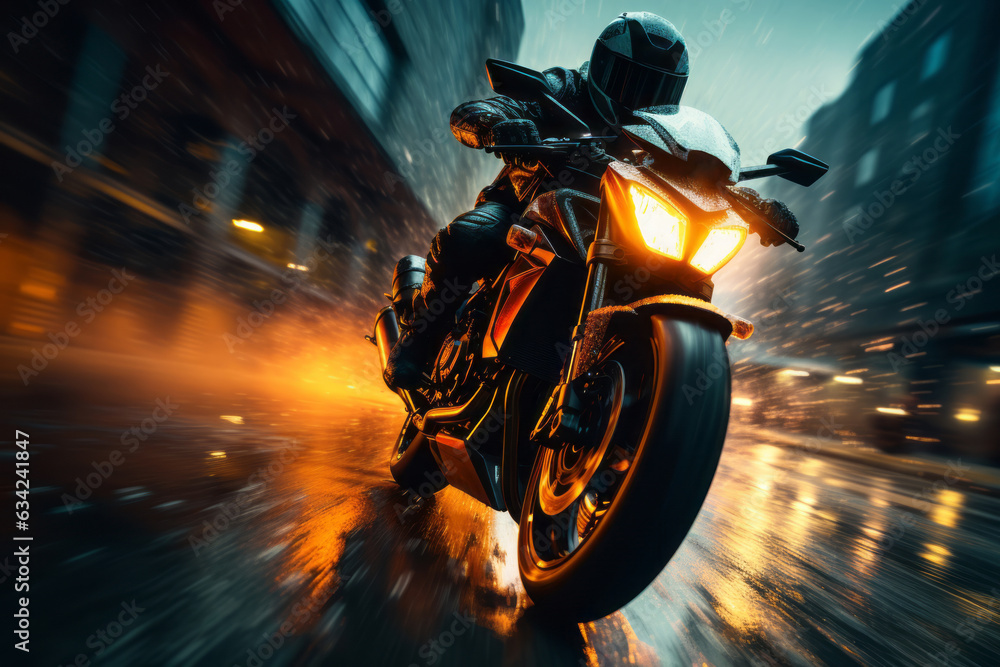 Motorcycle's powerful engine and the rider's intense focus, embodying the adrenaline of high-speed riding. Generative Ai