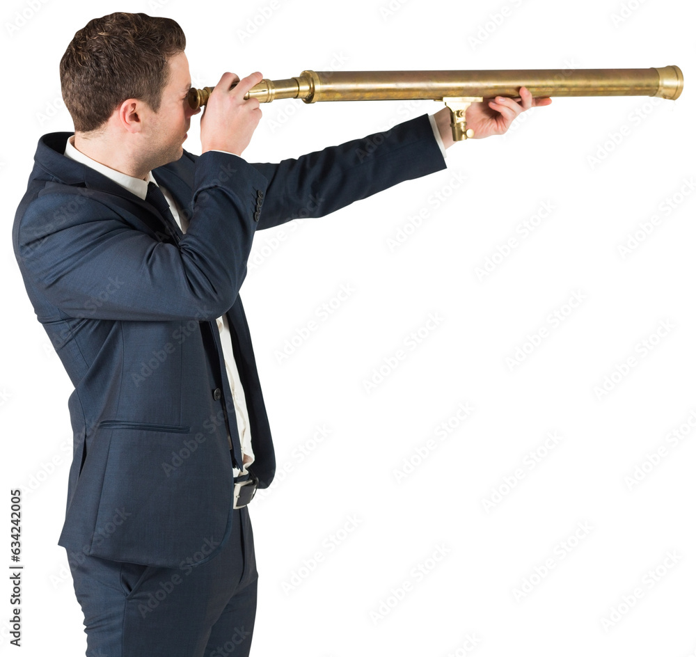 Obraz premium Digital png photo of caucasian businessman using telescope on transparent background