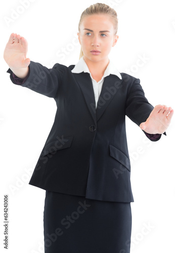 Digital png photo of caucasian businesswoman gesturing on transparent background