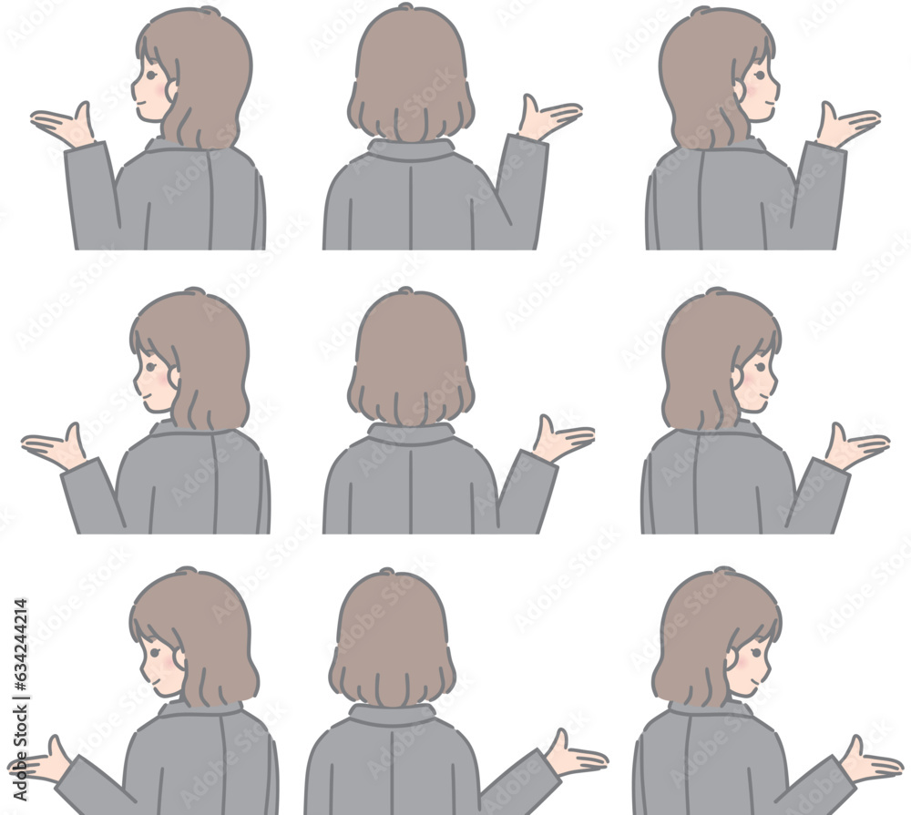 案内ポーズをする若い女性(後ろ向き、スーツ) 案内ポーズをする若い女性(後ろ向き、スーツ)