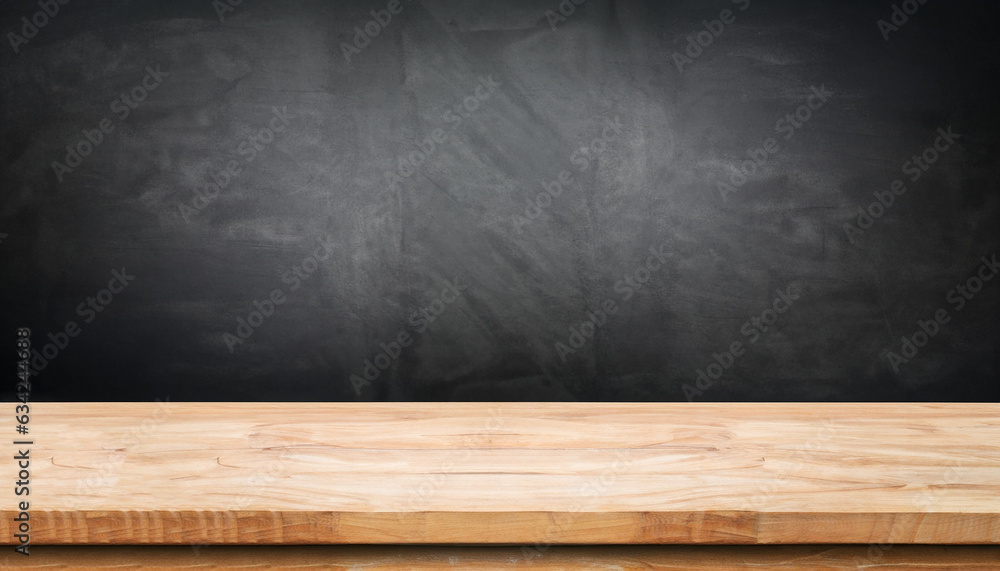 Empty top wood shelves or table on Black board wall background. For put product and some thing Empty top wood shelves or table on Black board wall background. For put product and some thing