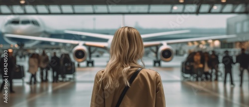 close-up photo of a woman seen from the back at the airport near a plane
