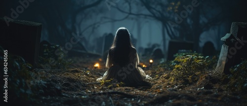 back seen close-up photo of a woman in the grave , night horror 