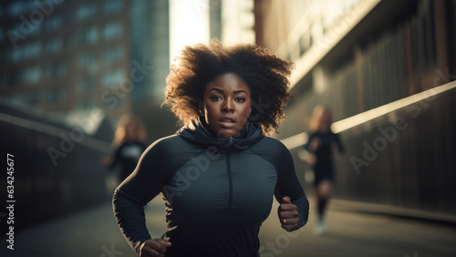 Young black woman jogging on the street, active and dynamic