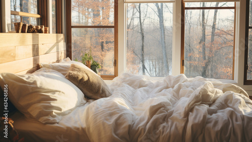 Wooden bed and white bedding in a bedroom with natural light, warm and peaceful interior