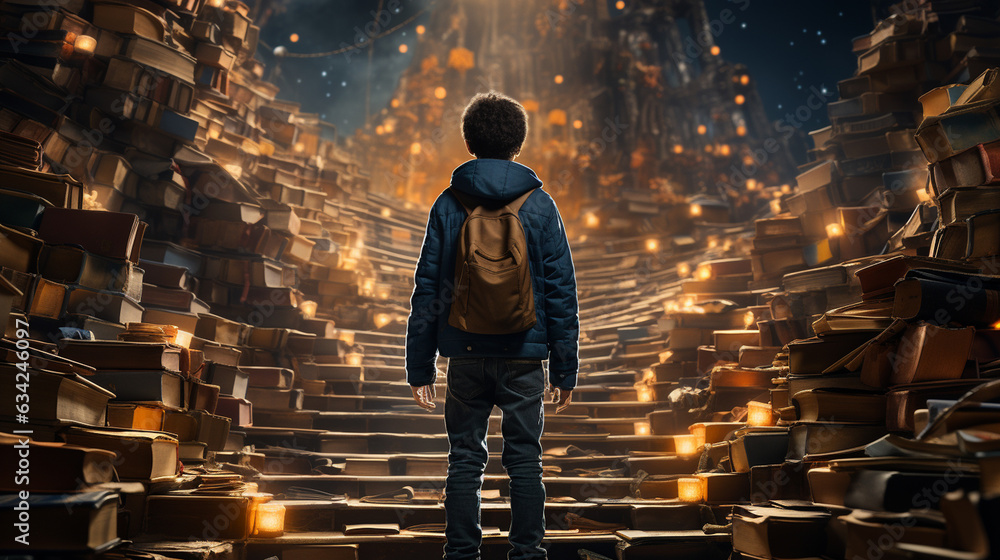 Child walking a stairway with a books. Generative Ai - obrazy, fototapety, plakaty 