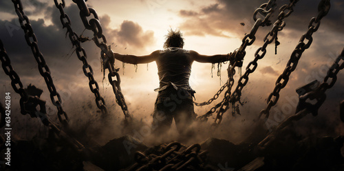 A man breaking his chains. Concept of breaking free of constrains, liberation and freedom. photo