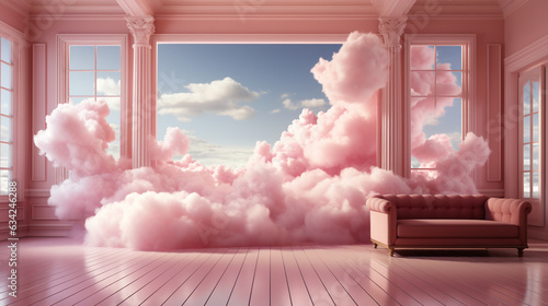 Cloud floating in a pink room. Generative Ai