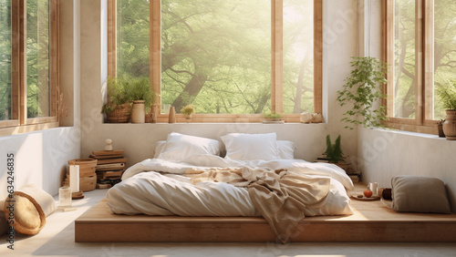 Wooden bed and white bedding interior by warm sunny window © DY