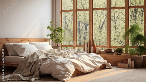 Wooden bed and white bedding interior by warm sunny window