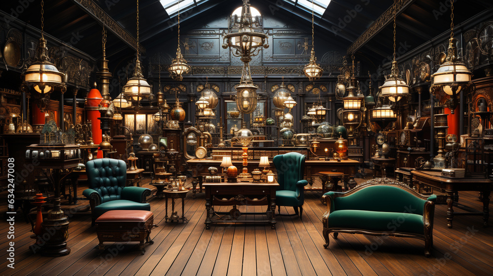 Interior of an antique store with old  objects and furniture. Generative Ai