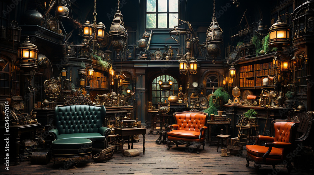 Interior of an antique store with old objects and furniture. Generative Ai Interior of an antique store with old objects and furniture. Generative Ai