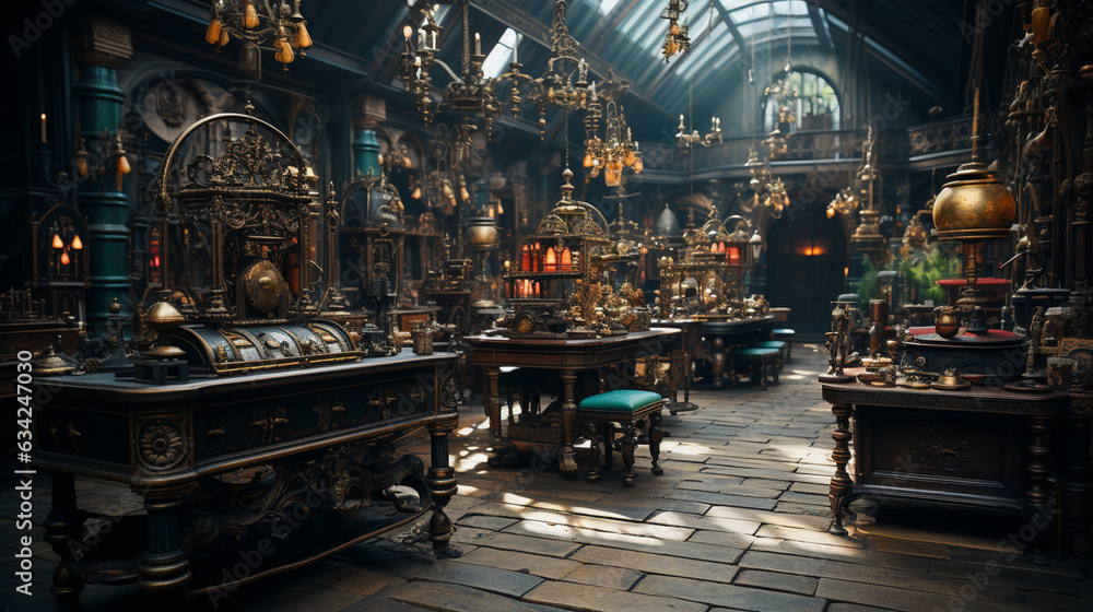Interior of an antique store with old objects and furniture. Generative Ai Interior of an antique store with old objects and furniture. Generative Ai
