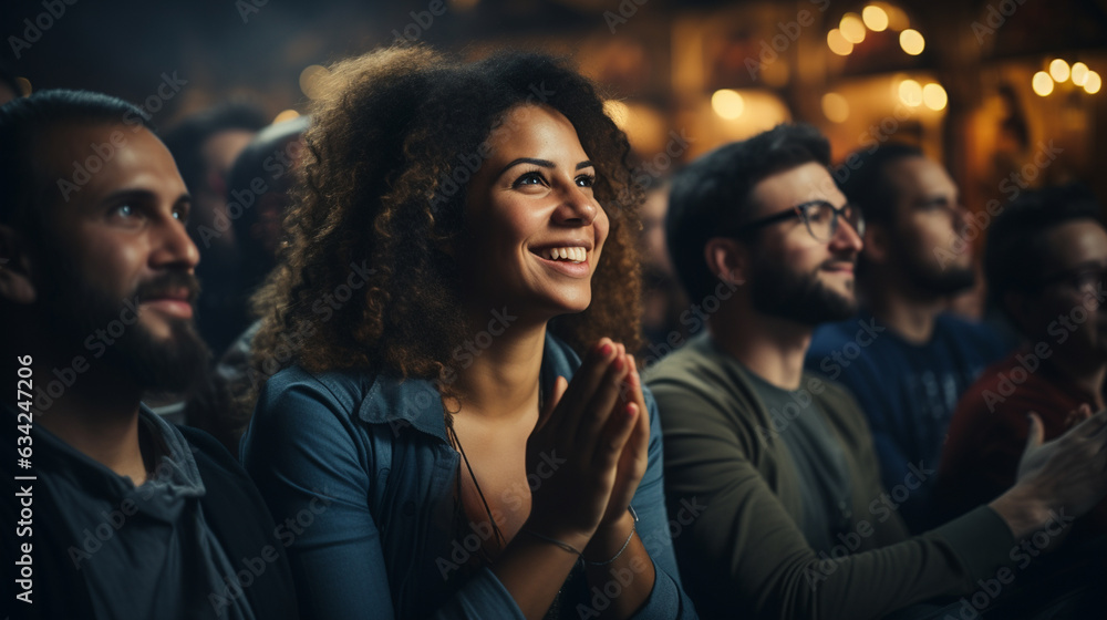 Audience sitting in an amphitheater and applauding during discussion. Generative Ai Audience sitting in an amphitheater and applauding during discussion. Generative Ai