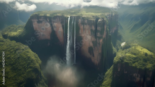 Angel Falls , the world's tallest waterfall, Angel Falls, as it cascades down the Tepui cliffs surrounded by lush rainforest, highlighting the sheer height and natural beauty photo