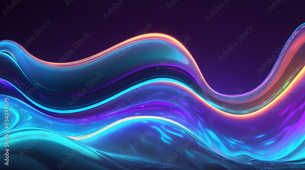 Obraz premium Abstract fluid iridescent holographic neon curved wave in motion colorful background 3d render. Gradient design element for posters, banners, wallpapers, backgrounds, and covers. Generative AI 