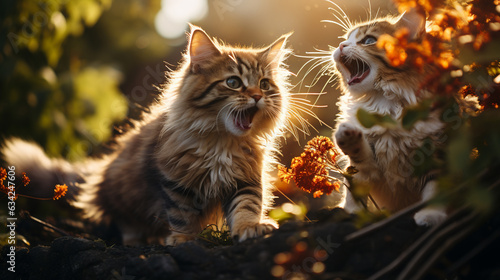 Two cat fighting in morning light in backyard. Generative Ai