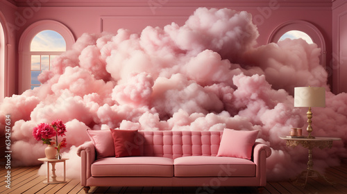 Cloud floating in a pink room. Generative Ai